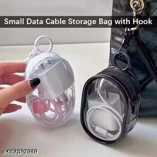 1 Travel Cable Storage Pouch PVC Bag Compact Clean Organizer for Chargers, Earphones & Data Cables Portable Storage Solution for Travel, Transparent Data Cable Management (1 Psc), Only Black